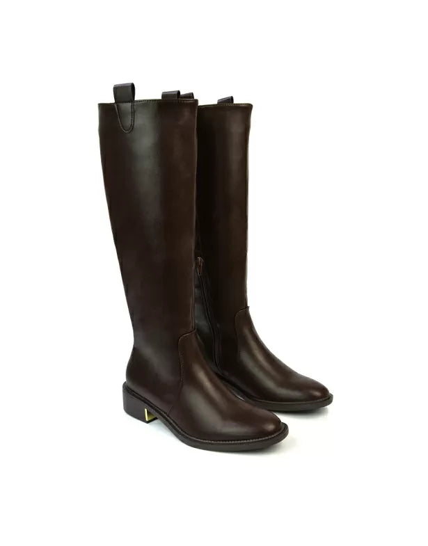 Prince Winter Flat Knee High Boots With Inside Zip in Brown Synthetic Leather