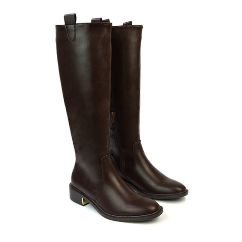 Prince Winter Flat Knee High Boots With Inside Zip in Brown Synthetic Leather