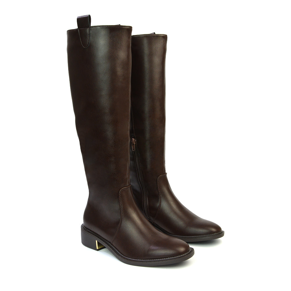 Prince Winter Flat Knee High Boots With Inside Zip in Brown Synthetic Leather