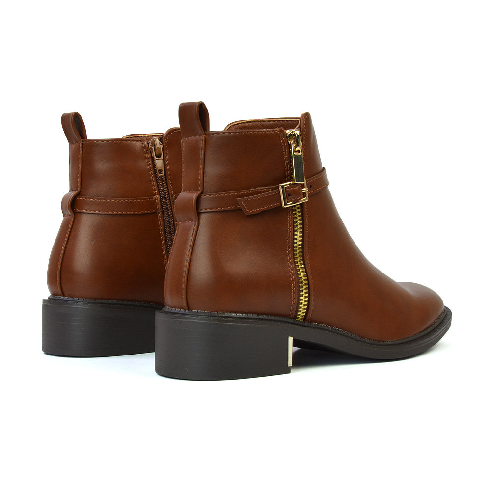 Maella Winter Flat Block Heel Zip Up Ankle Boots With Buckle In Tan Synthetic Leather