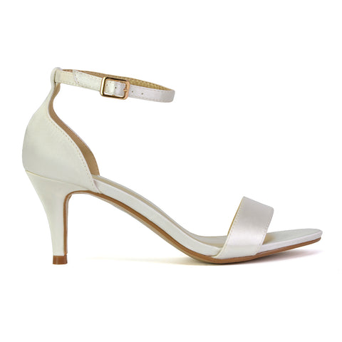 Jamie-Lee Dainty Buckle Ankle Strap mid Stiletto High Heel Sandals in Ivory Satin