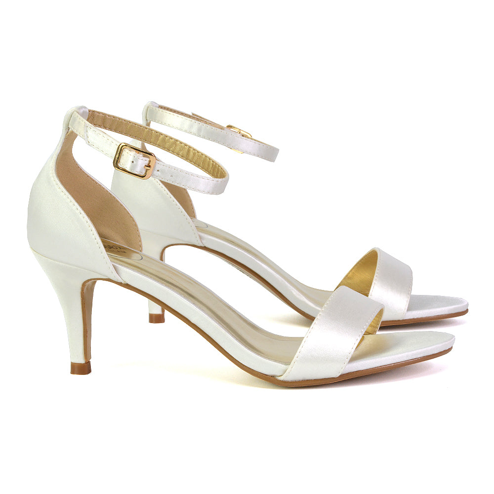 Jamie-Lee Dainty Buckle Ankle Strap mid Stiletto High Heel Sandals in Ivory Satin