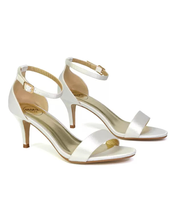 Jamie-Lee Dainty Buckle Ankle Strap mid Stiletto High Heel Sandals in Ivory Satin