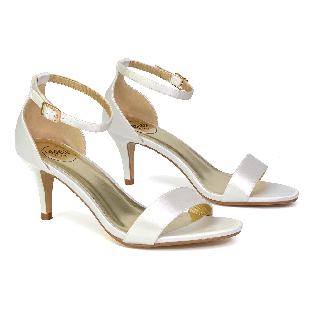 Jamie-Lee Dainty Buckle Ankle Strap mid Stiletto High Heel Sandals in Ivory Satin