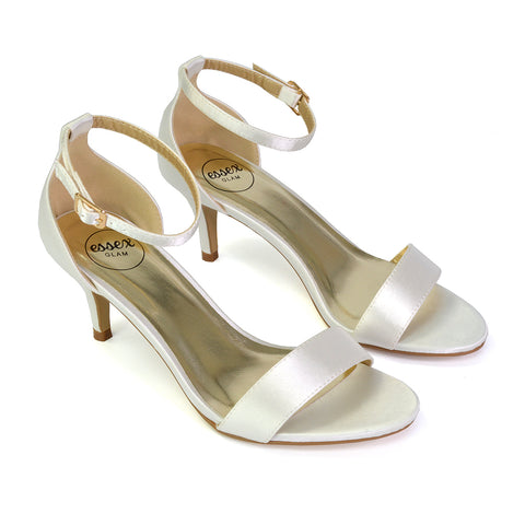 Jamie-Lee Dainty Buckle Ankle Strap mid Stiletto High Heel Sandals in Ivory Satin