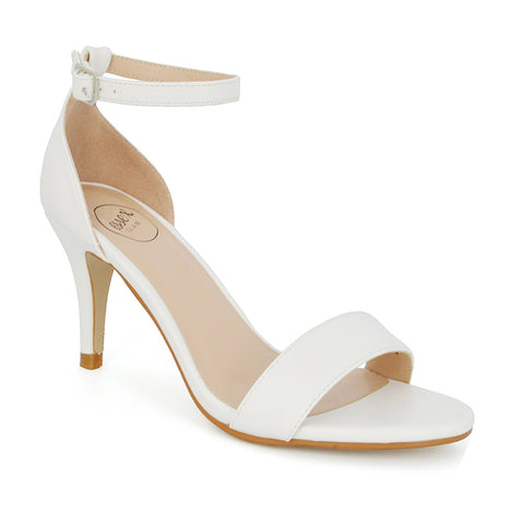 Jamie-Lee Dainty Buckle Ankle Strap mid Stiletto High Heel Sandals in Ivory Satin