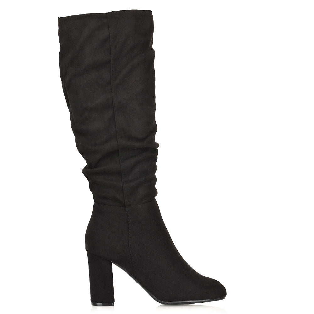 Alana Ruched Zip-up Winter Block Below the Knee High Heeled Long Boots in Navy Faux Suede