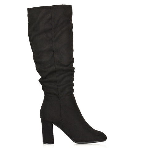 Demo Alana Ruched Zip-up Winter Block Below the Knee High Heeled Long Boots in Green Faux Suede