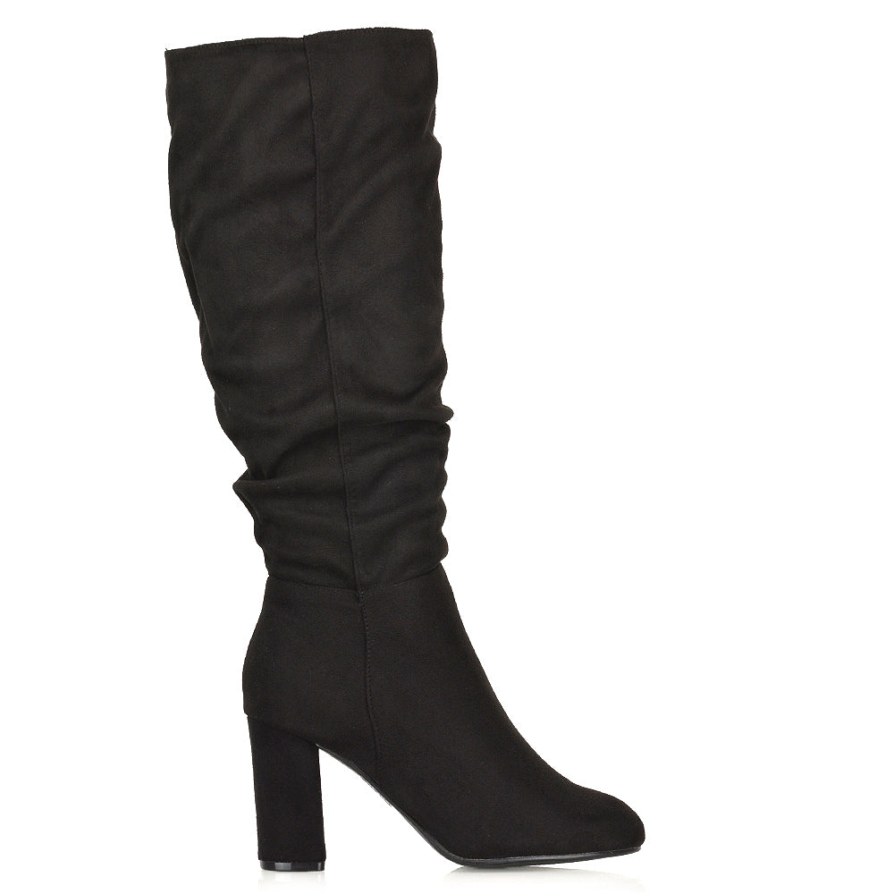 Alana Ruched Zip-up Winter Block Below the Knee High Heeled Long Boots in White