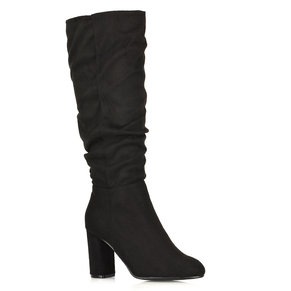 Alana Ruched Zip-up Winter Block Below the Knee High Heeled Long Boots in Black PU