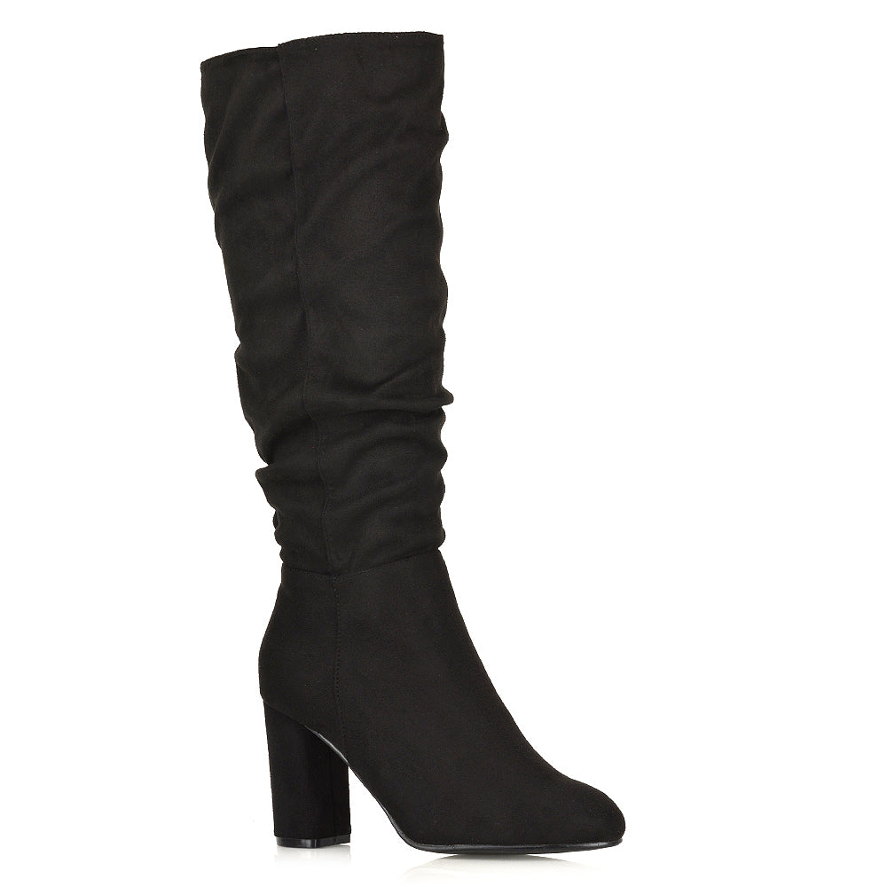 Alana Ruched Zip-up Winter Block Below the Knee High Heeled Long Boots in Black Faux Suede