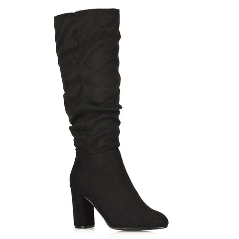 Demo Alana Ruched Zip-up Winter Block Below the Knee High Heeled Long Boots in Green Faux Suede