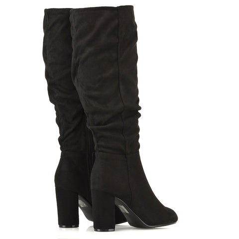 Alana Ruched Zip-up Winter Block Below the Knee High Heeled Long Boots in White