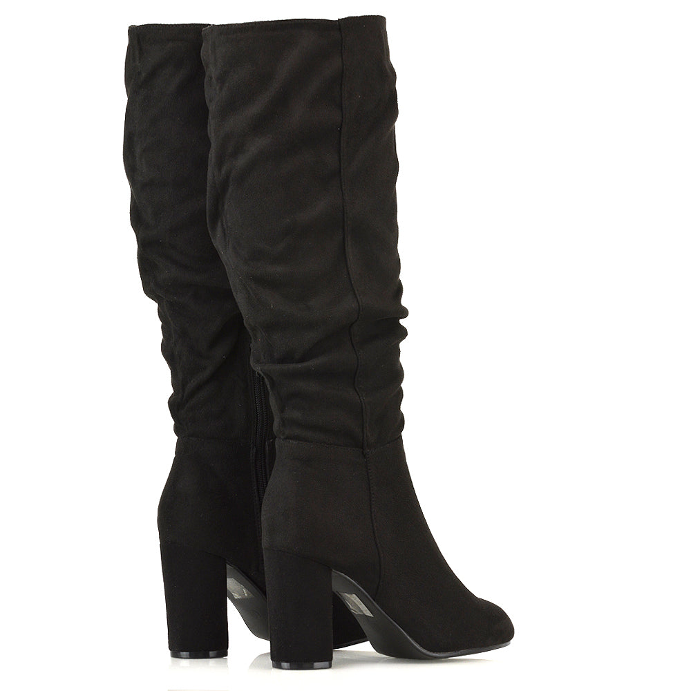 Alana Ruched Zip-up Winter Block Below the Knee High Heeled Long Boots in Black Faux Suede