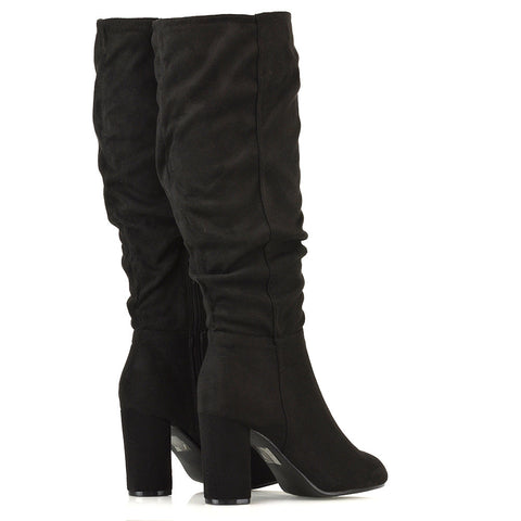 Demo Alana Ruched Zip-up Winter Block Below the Knee High Heeled Long Boots in Green Faux Suede