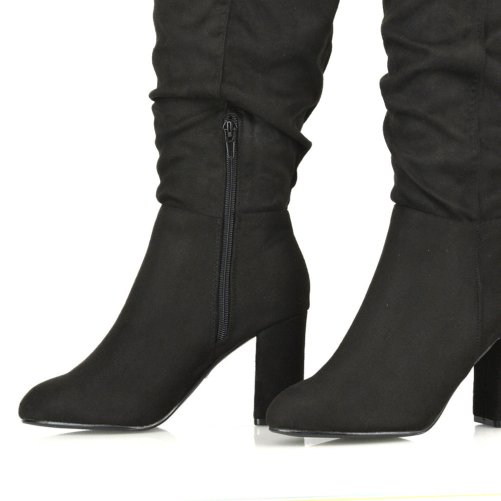 Alana Ruched Zip-up Winter Block Below the Knee High Heeled Long Boots in Black PU