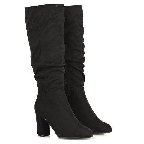 Alana Ruched Zip-up Winter Block Below the Knee High Heeled Long Boots in Black Faux Suede