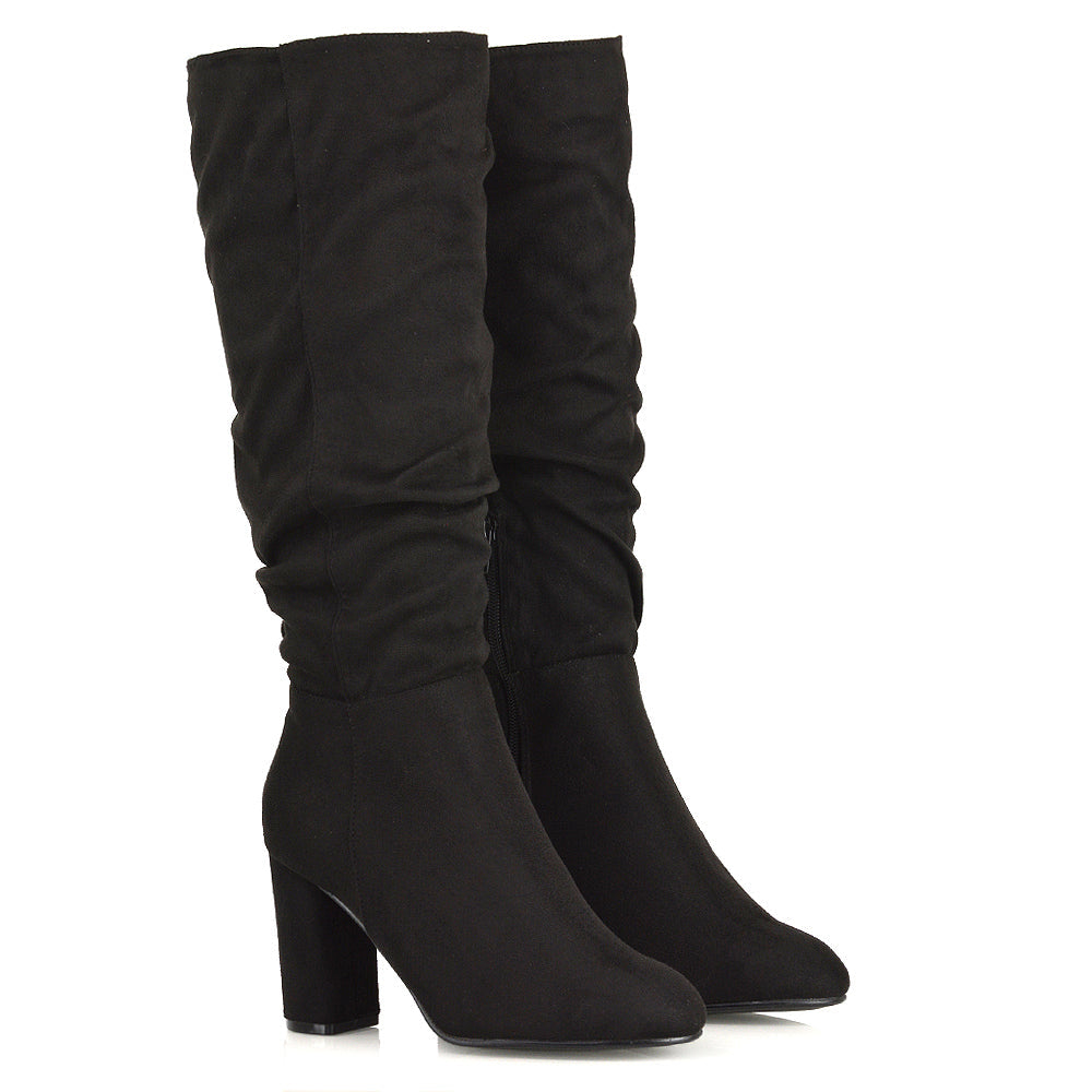 Demo Alana Ruched Zip-up Winter Block Below the Knee High Heeled Long Boots in Green Faux Suede