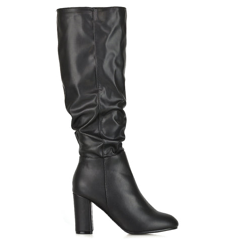 Alana Ruched Zip-up Winter Block Below the Knee High Heeled Long Boots in Black Faux Suede