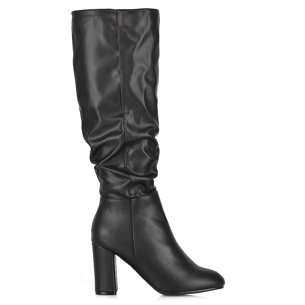 Alana Ruched Zip-up Winter Block Below the Knee High Heeled Long Boots in Black PU