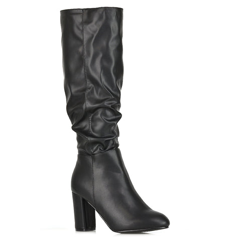 Alana Ruched Zip-up Winter Block Below the Knee High Heeled Long Boots in Black Faux Suede