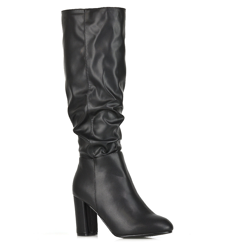 Alana Ruched Zip-up Winter Block Below the Knee High Heeled Long Boots in Black PU