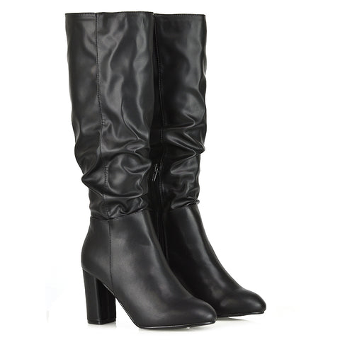 Alana Ruched Zip-up Winter Block Below the Knee High Heeled Long Boots in Black Faux Suede