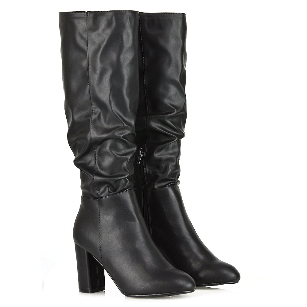 Alana Ruched Zip-up Winter Block Below the Knee High Heeled Long Boots in Black PU