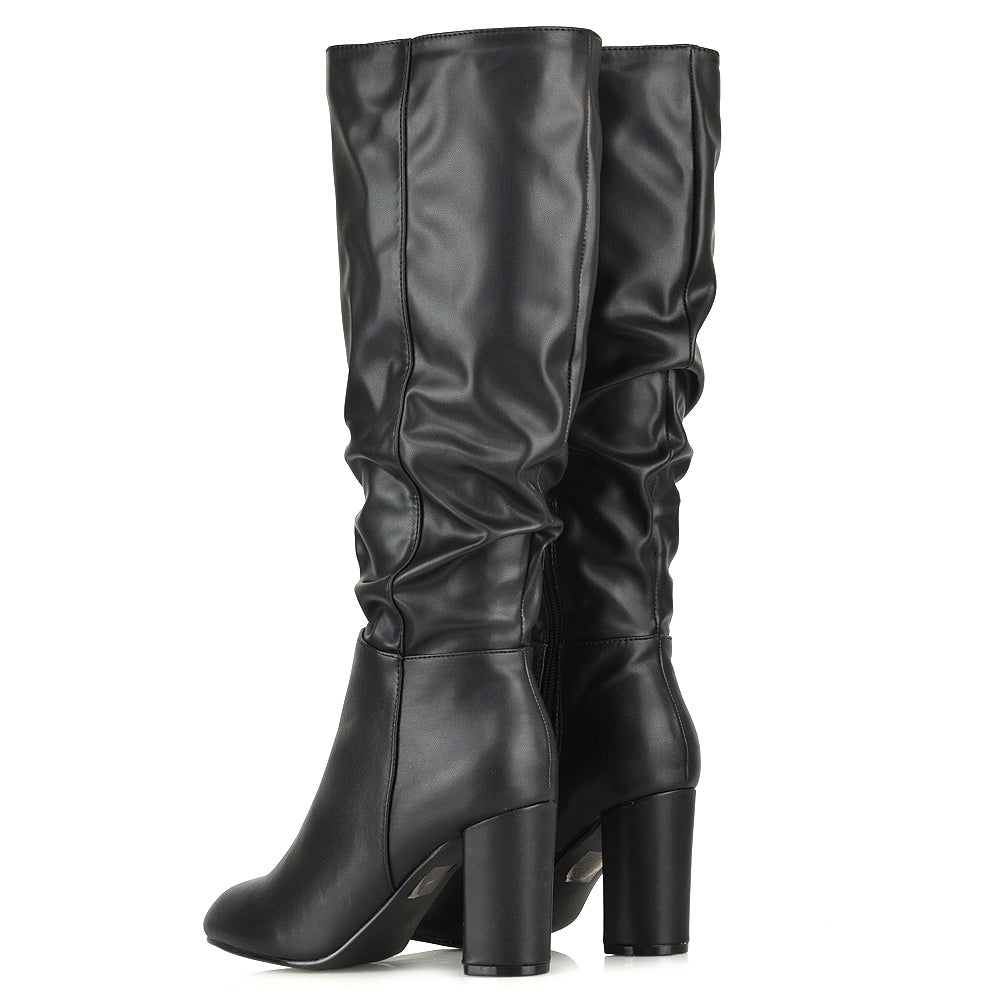 Alana Ruched Zip-up Winter Block Below the Knee High Heeled Long Boots in Navy Faux Suede