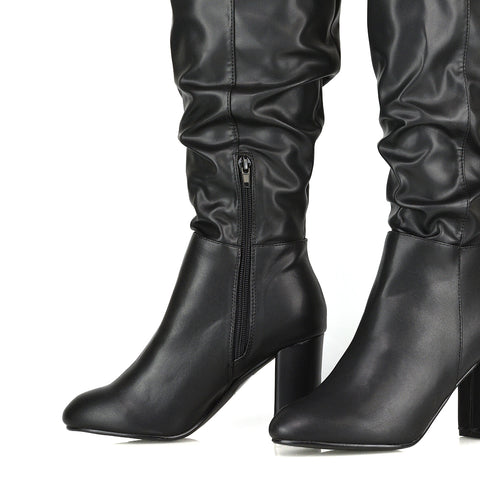 Alana Ruched Zip-up Winter Block Below the Knee High Heeled Long Boots in Black PU