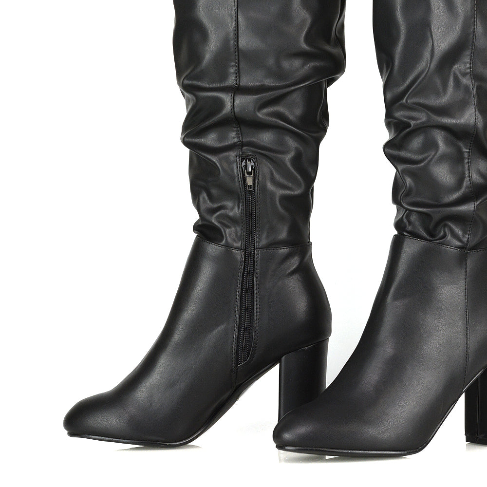 Alana Ruched Zip-up Winter Block Below the Knee High Heeled Long Boots in Black Faux Suede