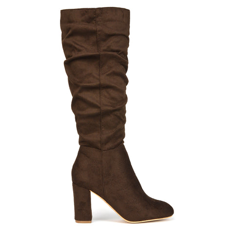 Alana Ruched Zip-up Winter Block Below the Knee High Heeled Long Boots in White