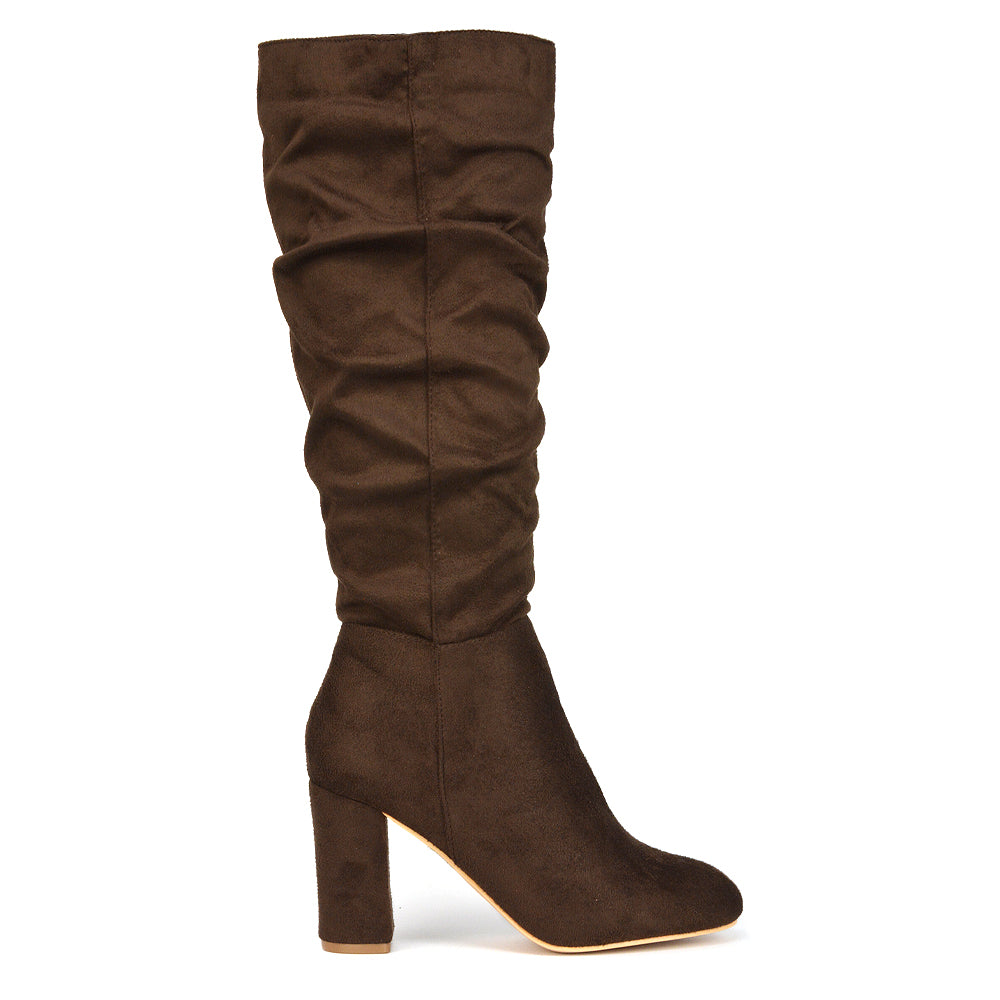 Alana Ruched Zip-up Winter Block Below the Knee High Heeled Long Boots in Black Faux Suede