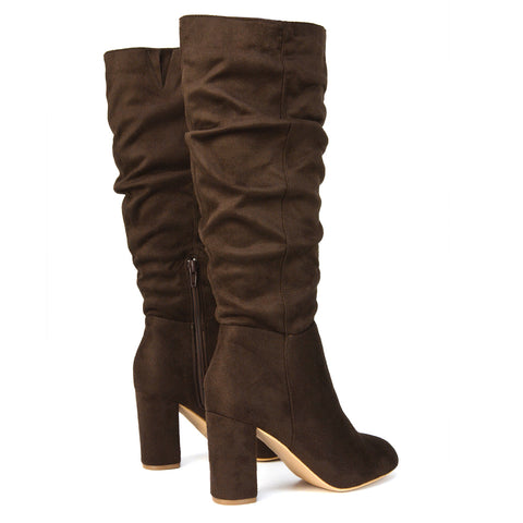 Alana Ruched Zip-up Winter Block Below the Knee High Heeled Long Boots in Navy Faux Suede