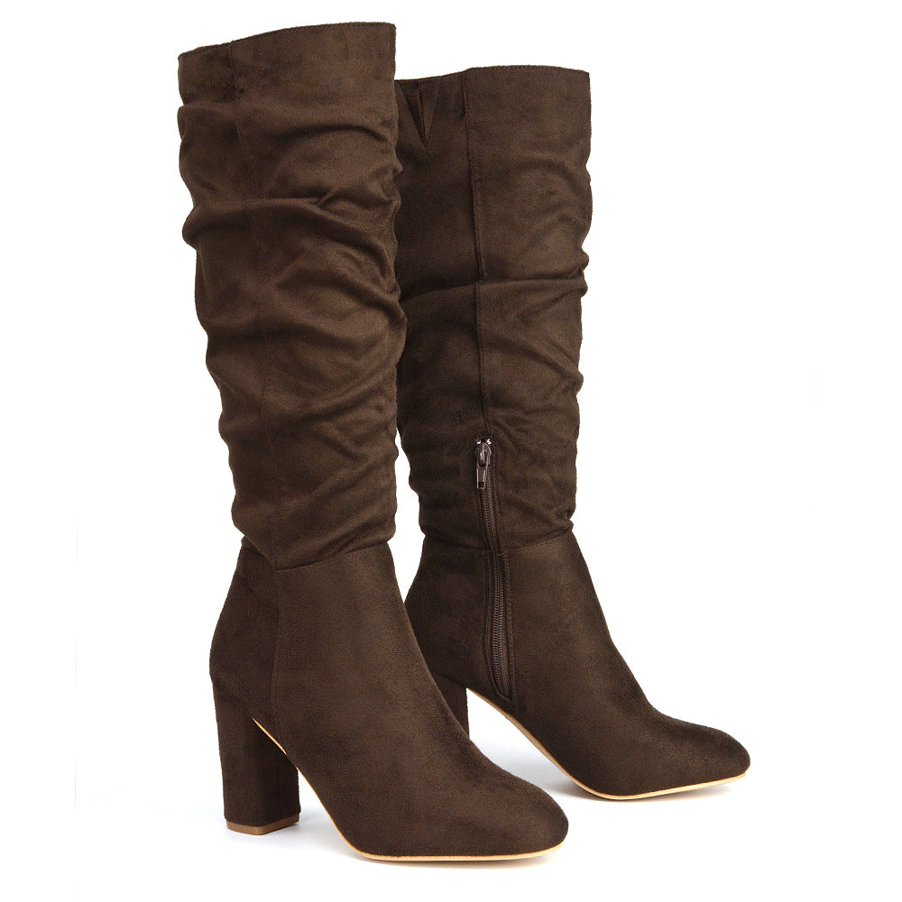 Alana Ruched Zip-up Winter Block Below the Knee High Heeled Long Boots in Black Faux Suede