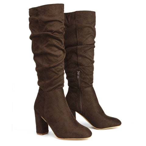 Alana Ruched Zip-up Winter Block Below the Knee High Heeled Long Boots in Black PU