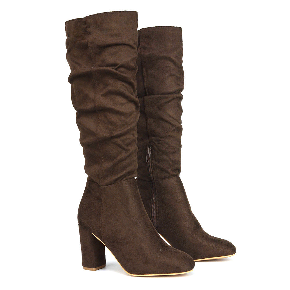 Demo Alana Ruched Zip-up Winter Block Below the Knee High Heeled Long Boots in Green Faux Suede