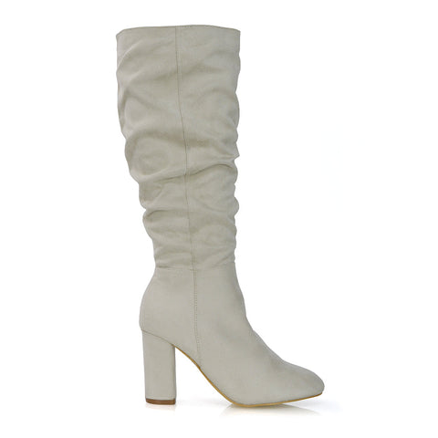 Demo Alana Ruched Zip-up Winter Block Below the Knee High Heeled Long Boots in Green Faux Suede