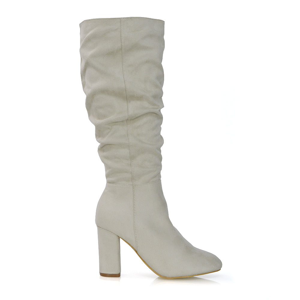 Alana Ruched Zip-up Winter Block Below the Knee High Heeled Long Boots in White