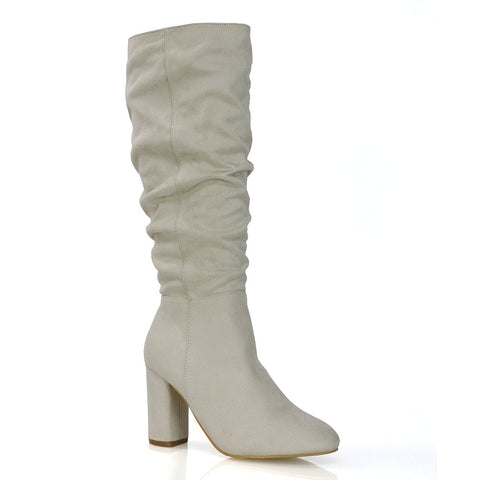 Demo Alana Ruched Zip-up Winter Block Below the Knee High Heeled Long Boots in Green Faux Suede