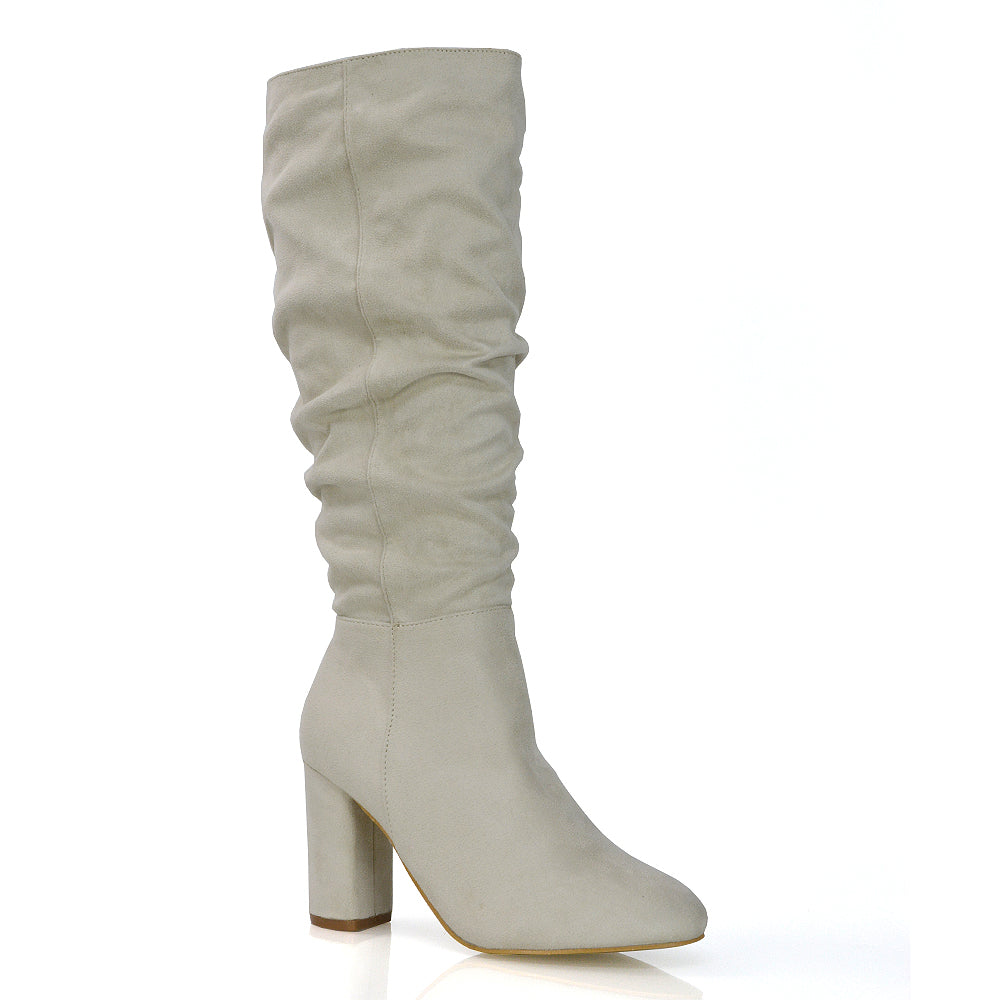 Alana Ruched Zip-up Winter Block Below the Knee High Heeled Long Boots in White