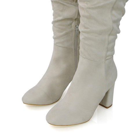 Demo Alana Ruched Zip-up Winter Block Below the Knee High Heeled Long Boots in Green Faux Suede