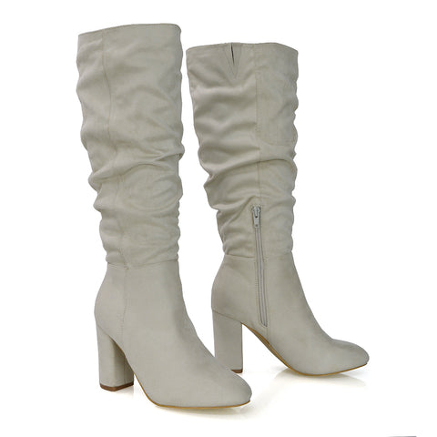 Alana Ruched Zip-up Winter Block Below the Knee High Heeled Long Boots in White