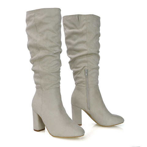 Alana Ruched Zip-up Winter Block Below the Knee High Heeled Long Boots in Black PU
