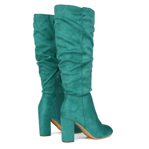 Demo Alana Ruched Zip-up Winter Block Below the Knee High Heeled Long Boots in Green Faux Suede