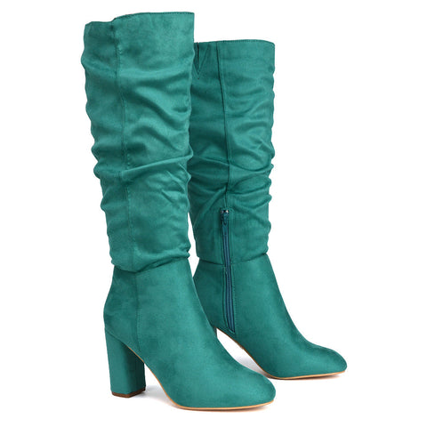 Demo Alana Ruched Zip-up Winter Block Below the Knee High Heeled Long Boots in Green Faux Suede