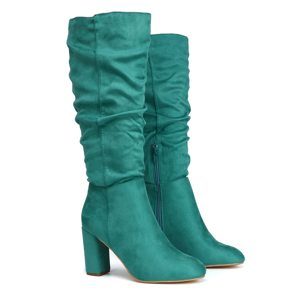 Demo Alana Ruched Zip-up Winter Block Below the Knee High Heeled Long Boots in Green Faux Suede