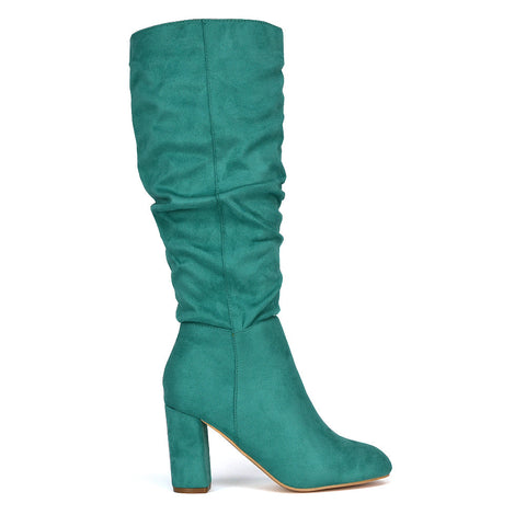 Demo Alana Ruched Zip-up Winter Block Below the Knee High Heeled Long Boots in Green Faux Suede