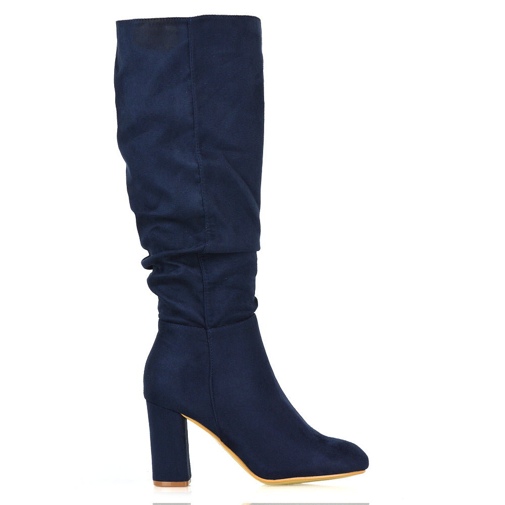 Alana Ruched Zip-up Winter Block Below the Knee High Heeled Long Boots in Black Faux Suede