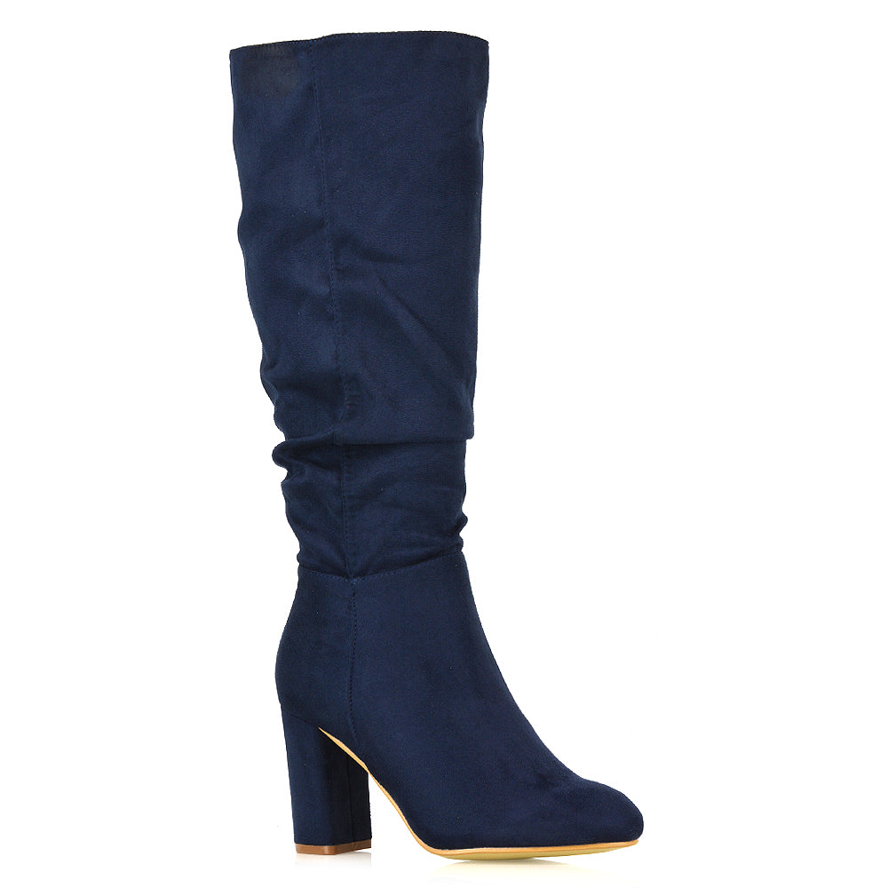 Alana Ruched Zip-up Winter Block Below the Knee High Heeled Long Boots in Navy Faux Suede